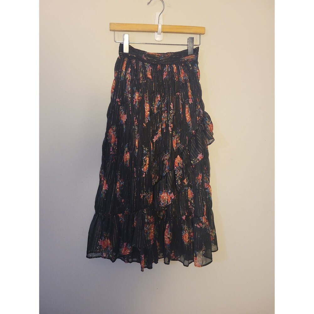 Topshop Black Floral Midi Skirt Sz 2 Boho Gypsy Prairie Dark Fairy